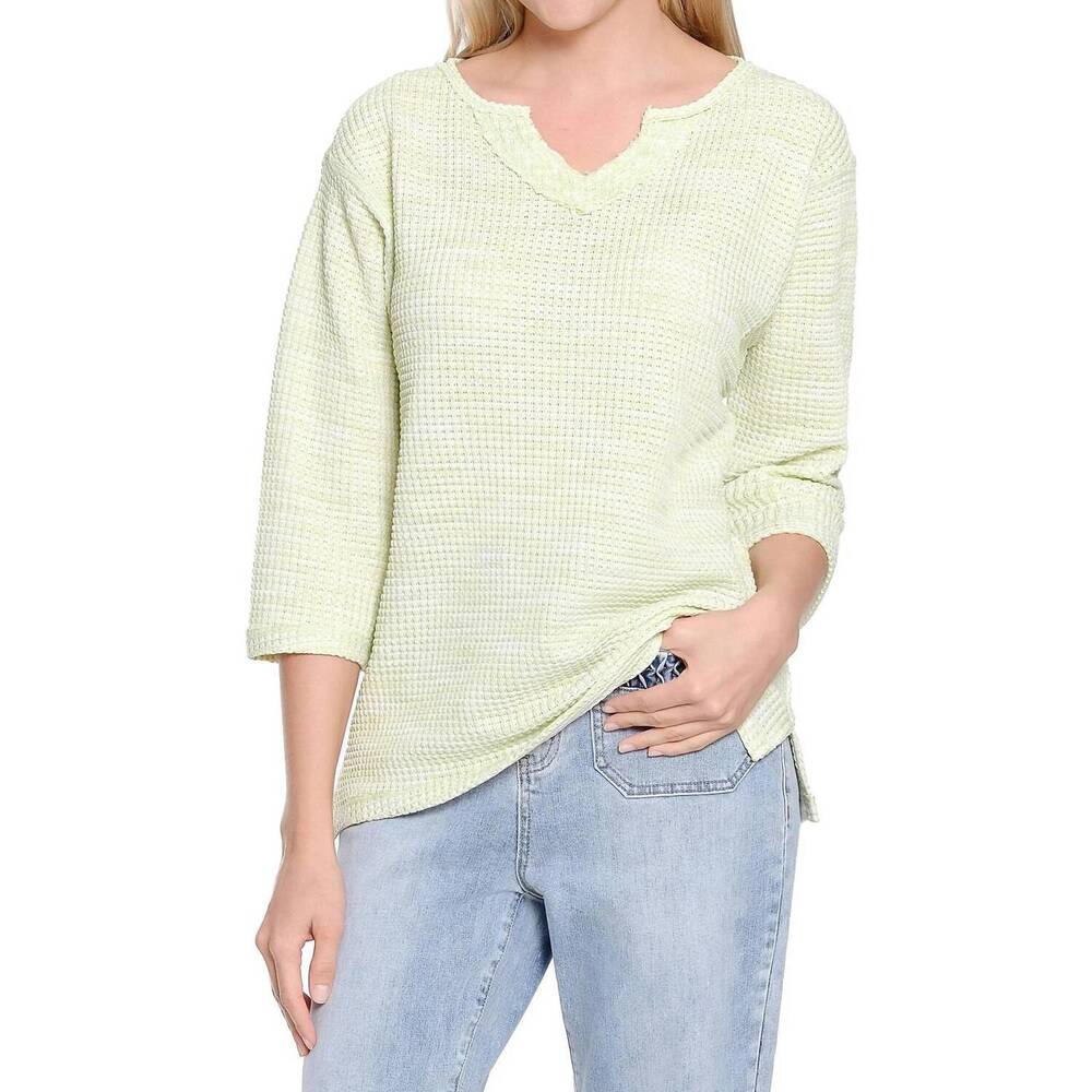 NEW TRU LUXE notch neck textured knit blouse in lime